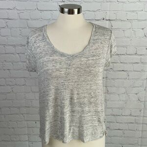 Tahari LARGE 100% Linen  Lagenlook Top Heather Beige V-Neck Short Sleeve